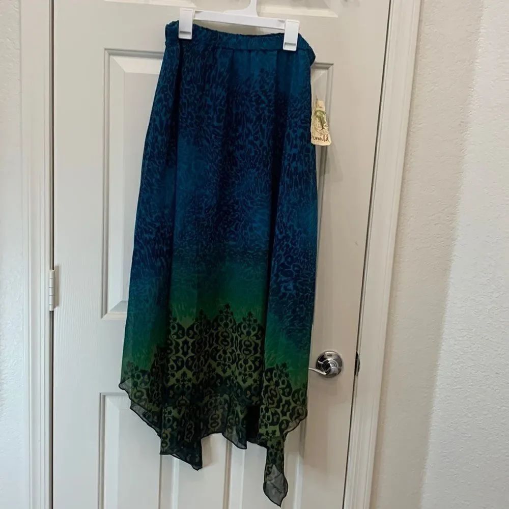 One World Size Large Blue Green Elastic Waist Handkerchief Hem Casual Skirt NEW